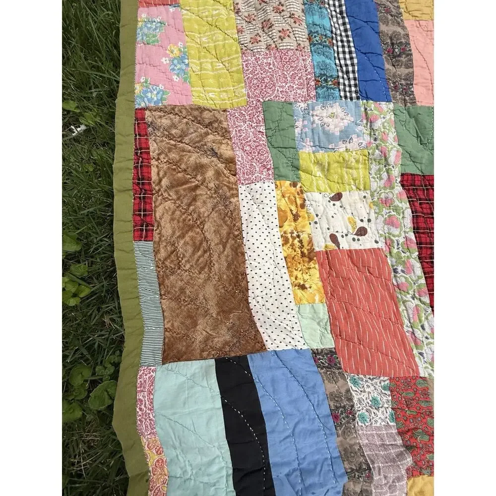 Antique Vintage 1930’s CRAZY QUILT Multi-Color Feed Sack Olive Green Back